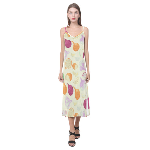 Onion garlic white red pattern V-Neck Open Fork Long Dress