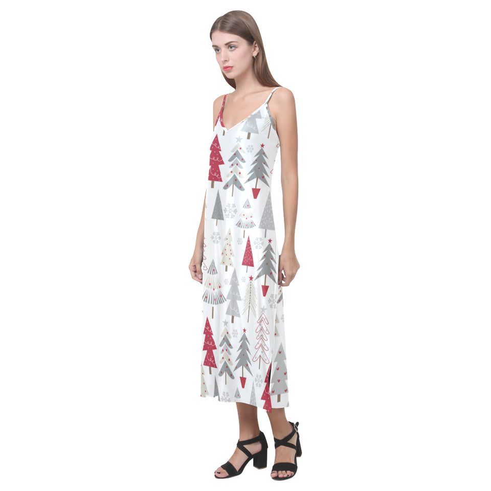 Cute Christmas tree pattern V-Neck Open Fork Long Dress