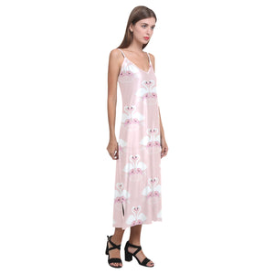 White swan and flower love pattern V-Neck Open Fork Long Dress