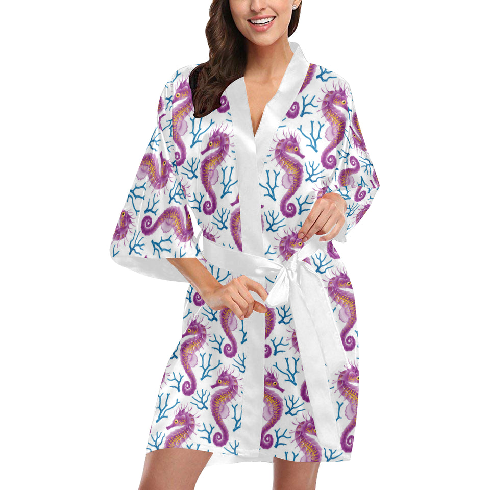 Purple seahorse blue coral pattern Women's Short Kimono Robe