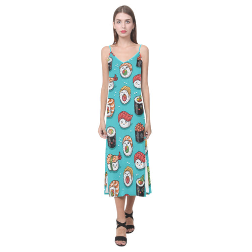 Cute sushi pattern V-Neck Open Fork Long Dress