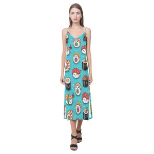 Cute sushi pattern V-Neck Open Fork Long Dress