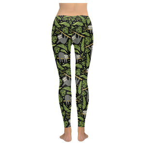 Cute sloths tropical palm leaves black background Women's Legging Fulfilled In US