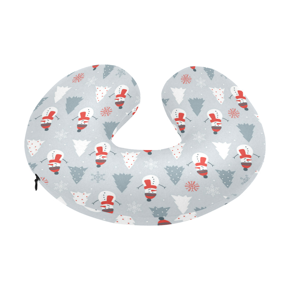 Snowman christmas  tree snow gray background U-Shaped Travel Neck Pillow