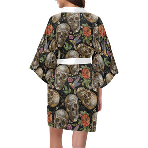Skull rose humming bird flower pattern Women's Short Kimono Robe