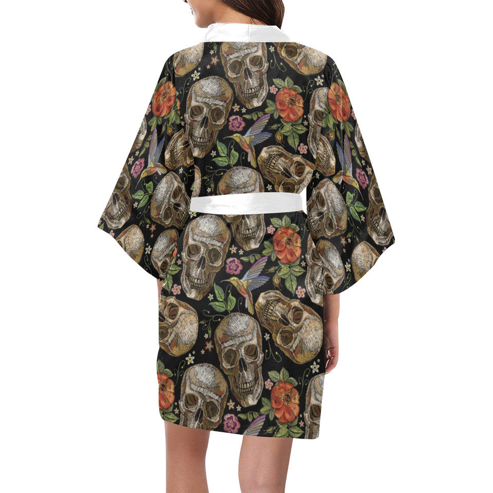 Skull rose humming bird flower pattern Women's Short Kimono Robe