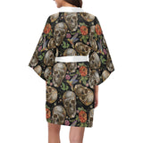 Skull rose humming bird flower pattern Women's Short Kimono Robe