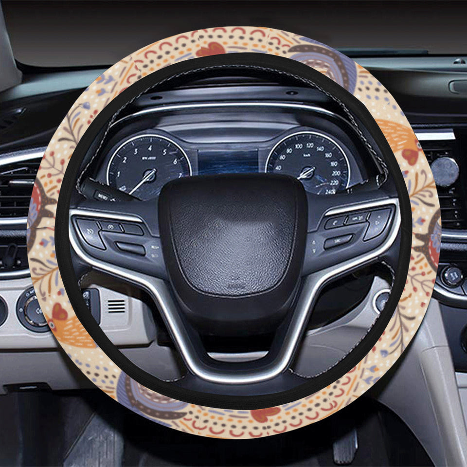 Cute rooster chicken cock floral ornament backgrou Car Steering Wheel Cover