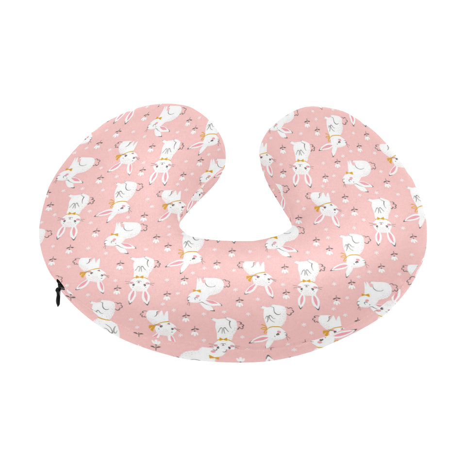 Cute white rabbit flower pink background U-Shaped Travel Neck Pillow