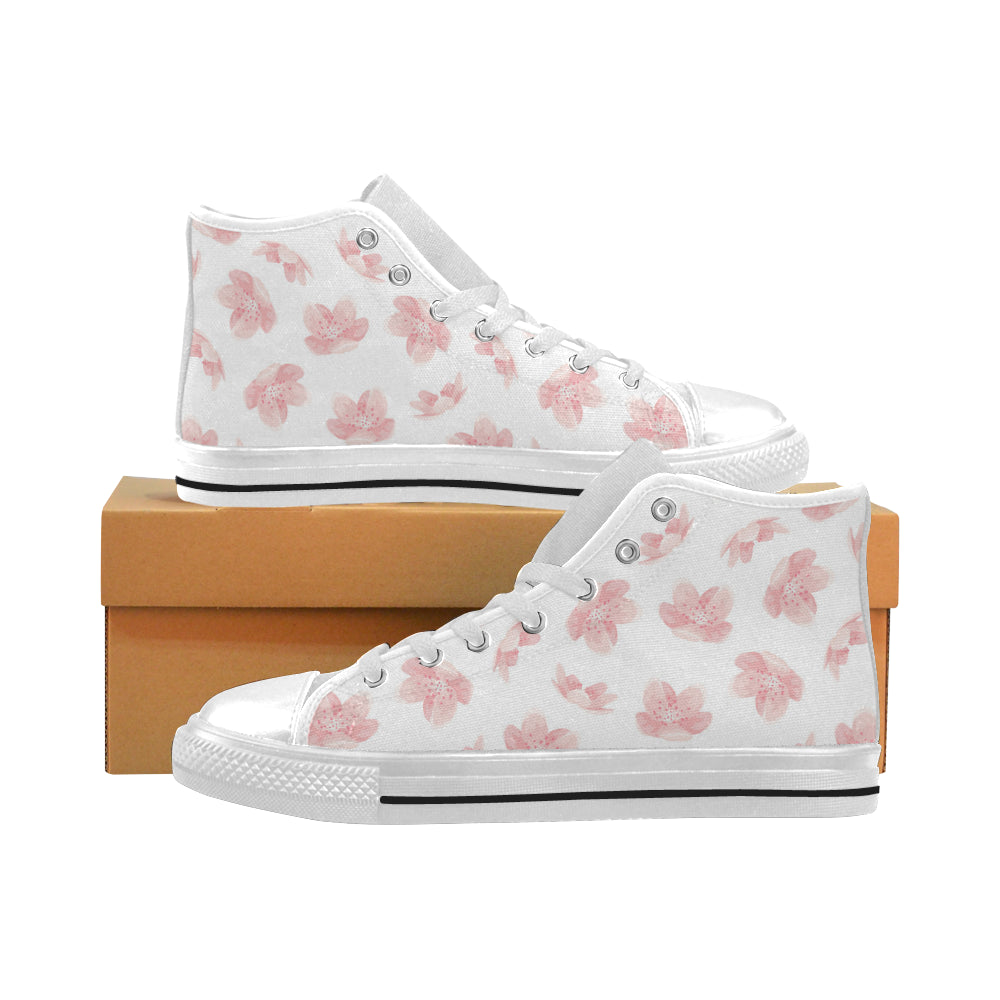 Pink sakura cherry blossom pattern Men's High Top Canvas Shoes White