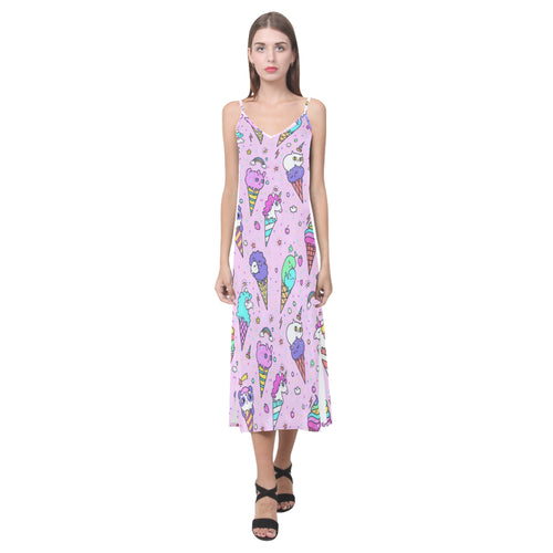 Cute ice cream cone animal pattern V-Neck Open Fork Long Dress