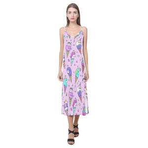 Cute ice cream cone animal pattern V-Neck Open Fork Long Dress
