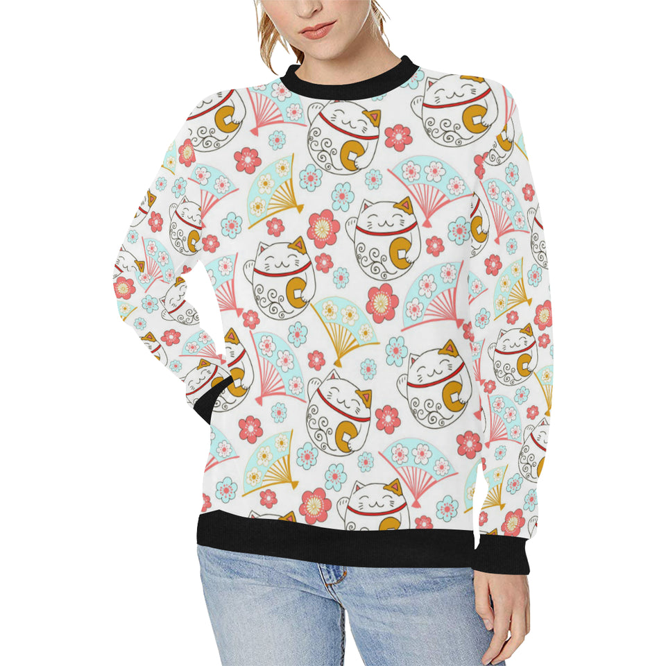 Maneki neko cat fan sakura Women's Crew Neck Sweatshirt