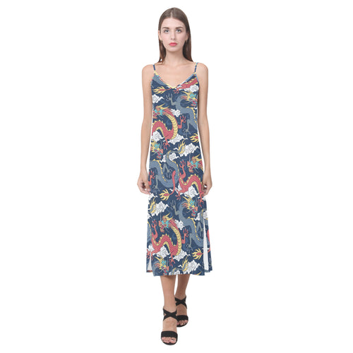 Blue red dragon cloud pattern V-Neck Open Fork Long Dress