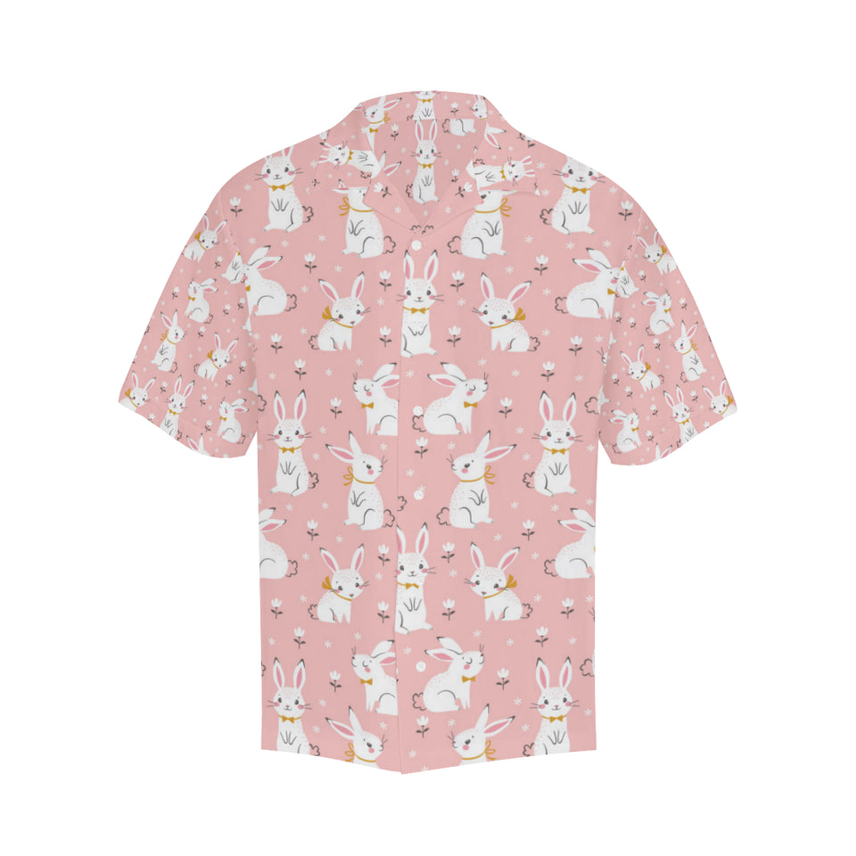 Cute white rabbit flower pink background Men's All Over Print Hawaiian Shirt