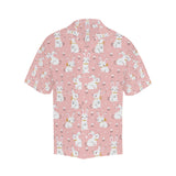 Cute white rabbit flower pink background Men's All Over Print Hawaiian Shirt