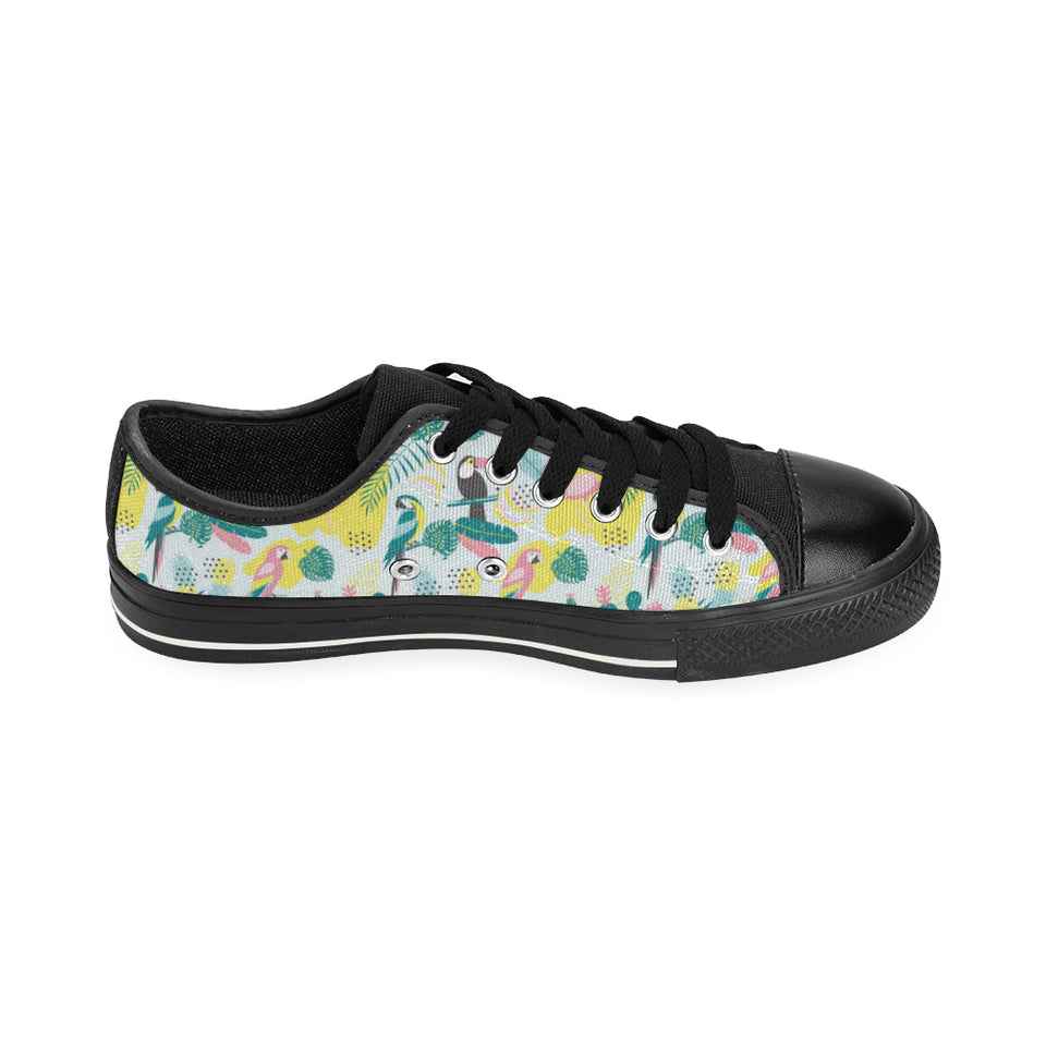 Cute parrot toucan flamingo cactus exotic leaves p Men's Low Top Canvas Shoes Black