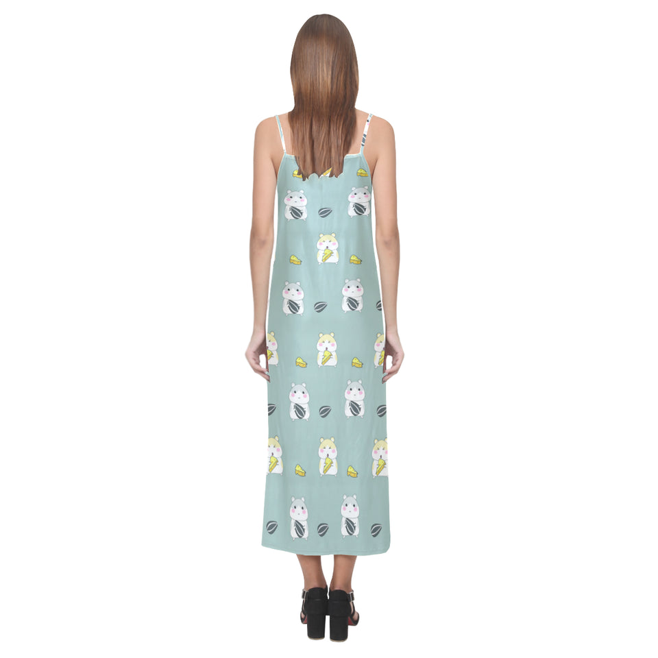 Cute hamster cheese pattern V-Neck Open Fork Long Dress