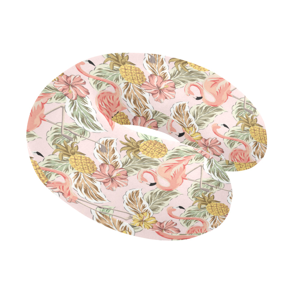 Pink flamingo birds pineapples hibiscus flower pat U-Shaped Travel Neck Pillow