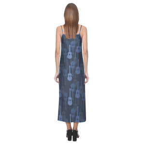 Blue Theme guitar pattern V-Neck Open Fork Long Dress