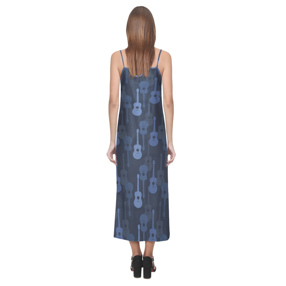 Blue Theme guitar pattern V-Neck Open Fork Long Dress
