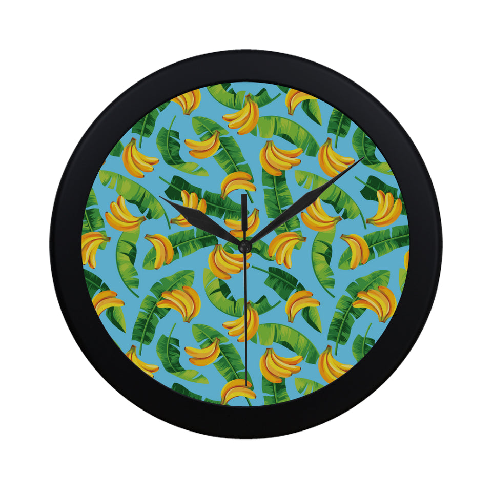 banana leaves banana design pattern Elegant Black Wall Clock