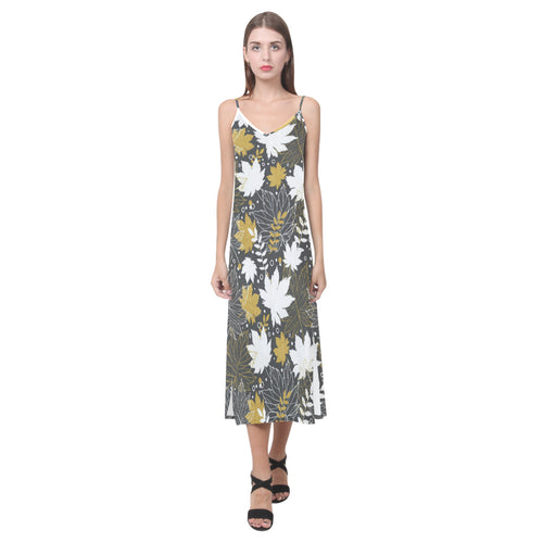 Beautiful gold autumn maple leaf pattern V-Neck Open Fork Long Dress