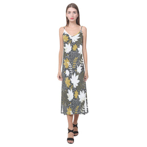 Beautiful gold autumn maple leaf pattern V-Neck Open Fork Long Dress