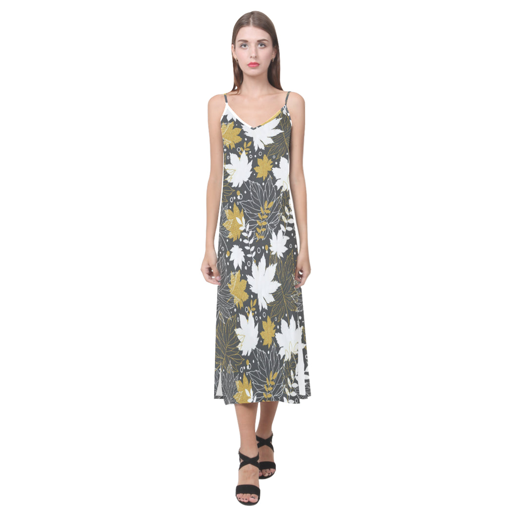 Beautiful gold autumn maple leaf pattern V-Neck Open Fork Long Dress