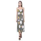 Beautiful gold autumn maple leaf pattern V-Neck Open Fork Long Dress
