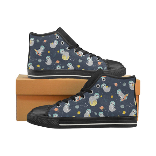 Cute sloth astronaut star planet rocket pattern Women's High Top Canvas Shoes Black