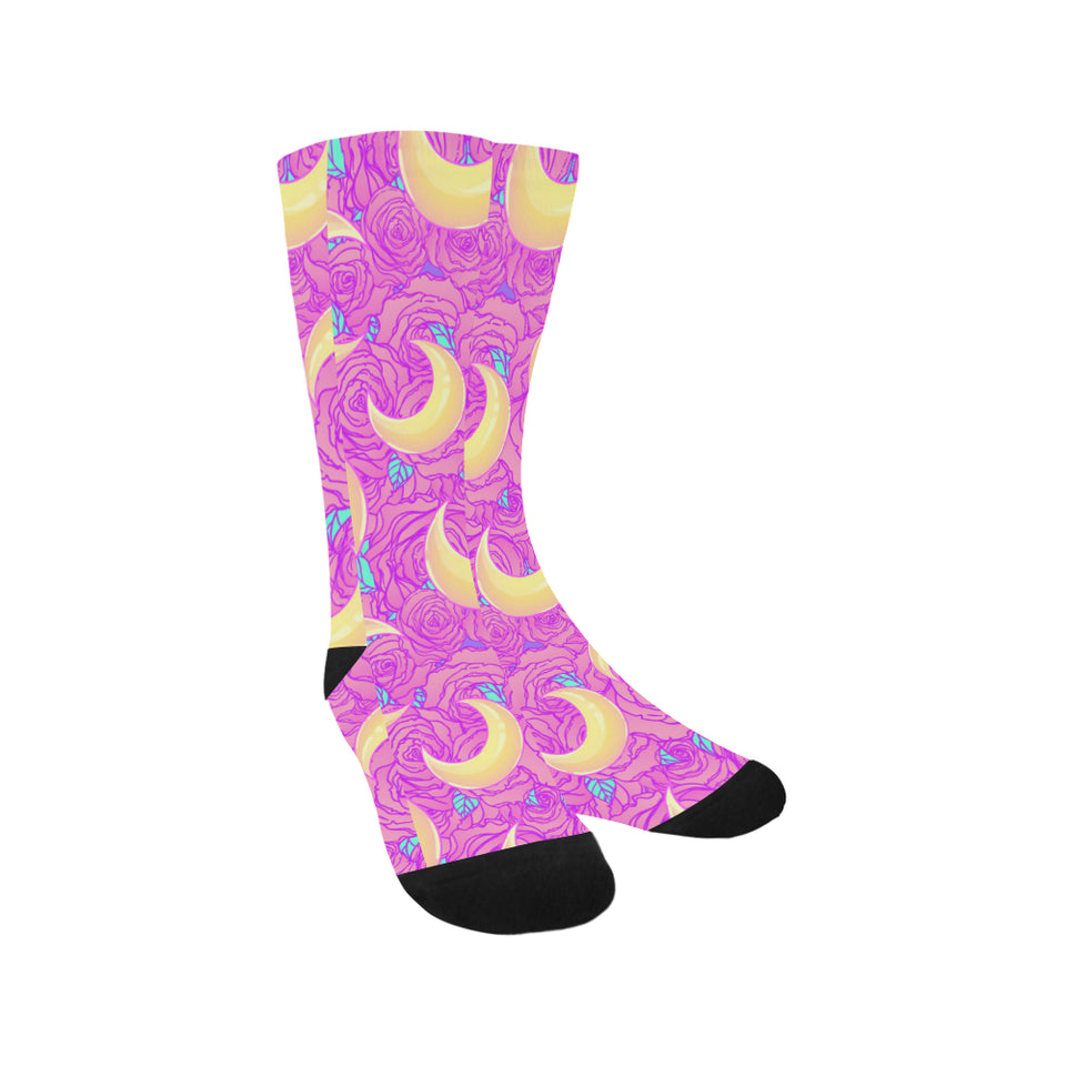 Moon pink rose background Crew Socks