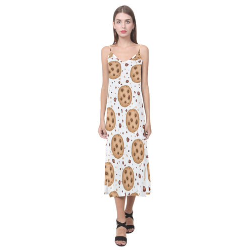 chocolate chip cookie pattern V-Neck Open Fork Long Dress