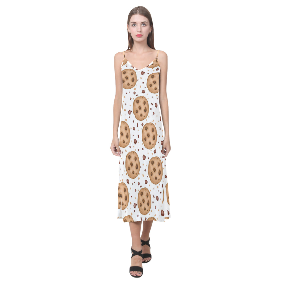 chocolate chip cookie pattern V-Neck Open Fork Long Dress