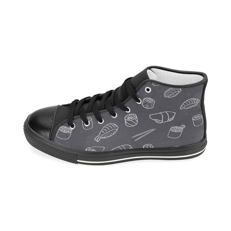 sushi pattern black background Women's High Top Canvas Shoes Black