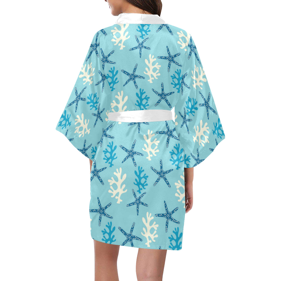 Blue starfish coral reef pattern Women's Short Kimono Robe