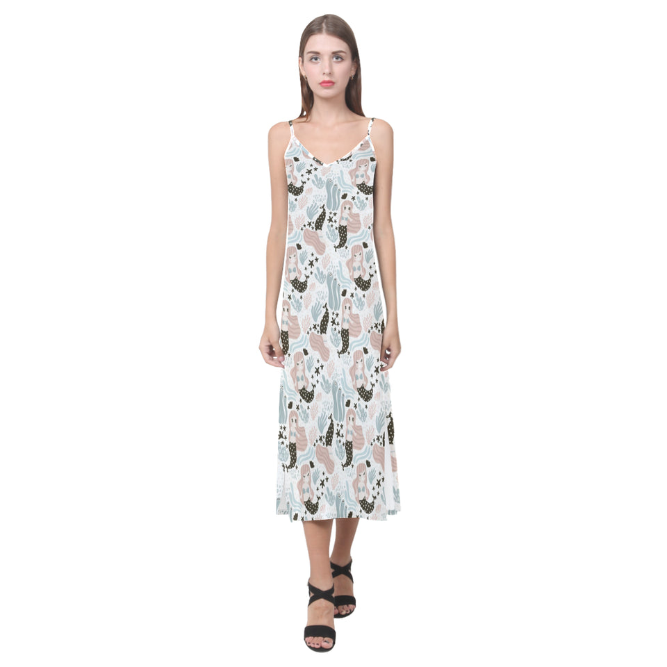 cute mermaid pattern V-Neck Open Fork Long Dress