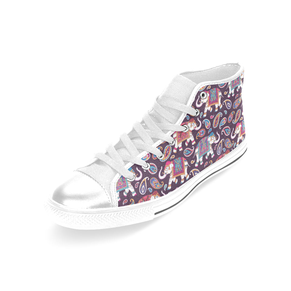 Elephant indian style ornament pattern Women's High Top Canvas Shoes White