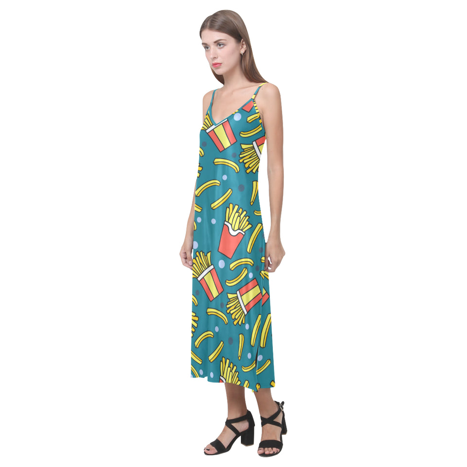French fries red paper box pattern V-Neck Open Fork Long Dress