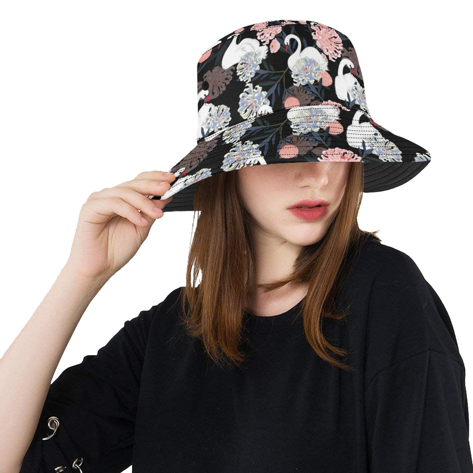 white swan blooming flower pattern Unisex Bucket Hat