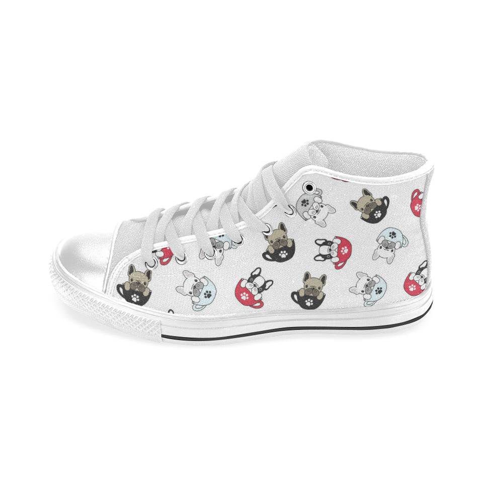 French bulldog cup paw pattern Men's High Top Canvas Shoes White