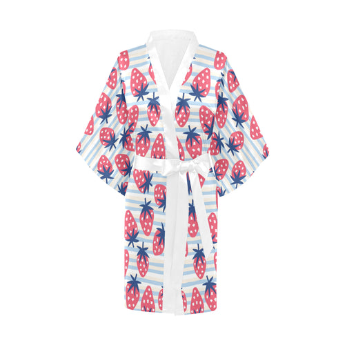Strawberry pattern blue lines background Women's Short Kimono Robe