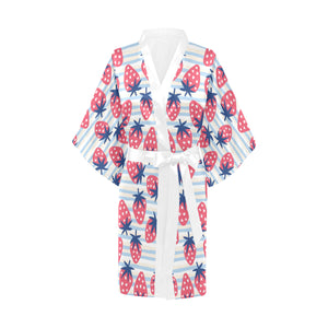 Strawberry pattern blue lines background Women's Short Kimono Robe