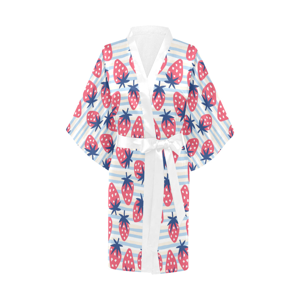 Strawberry pattern blue lines background Women's Short Kimono Robe