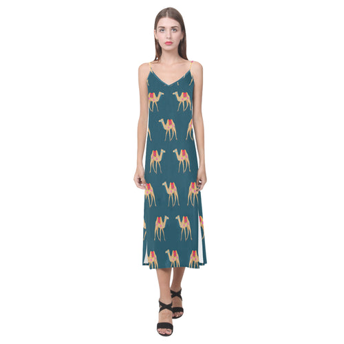 Camel pattern blue blackground V-Neck Open Fork Long Dress
