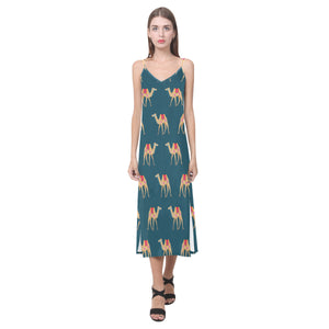 Camel pattern blue blackground V-Neck Open Fork Long Dress