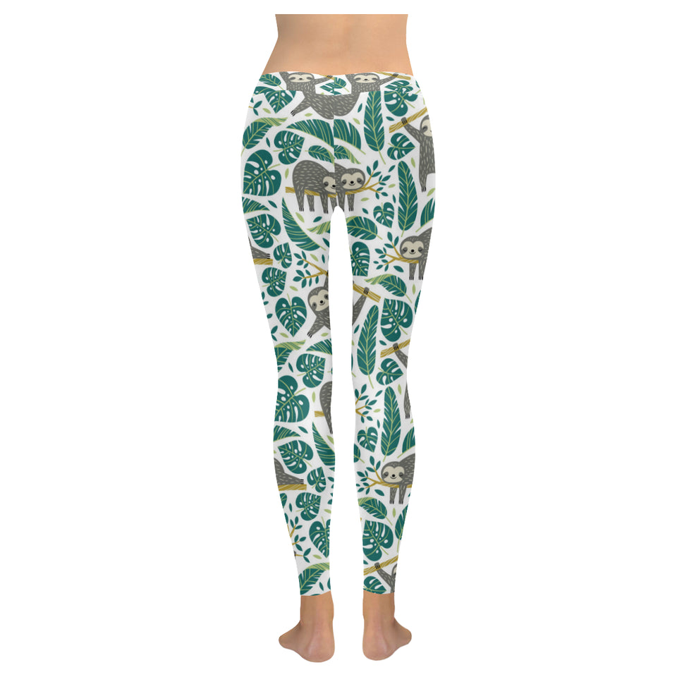 Cute sloths tropical palm leaves white background Women's Legging Fulfilled In US