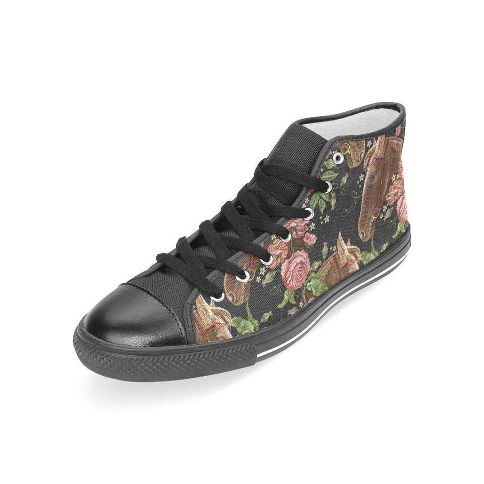 Horse head wild roses pattern Women's High Top Canvas Shoes Black