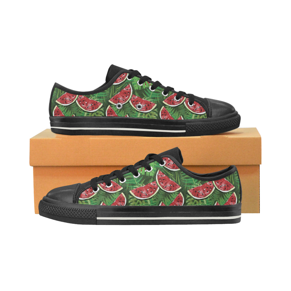 Watermelons tropical palm leaves pattern backgroun Women's Low Top Canvas Shoes Black