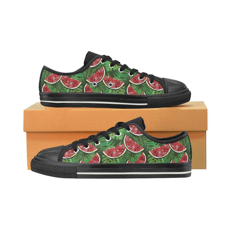 Watermelons tropical palm leaves pattern backgroun Kids' Boys' Girls' Low Top Canvas Shoes Black